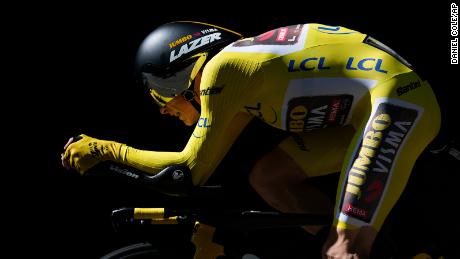 Jonas Wingegaard of Denmark, wearing the yellow jersey of the overall leader, takes part in the 20th stage of the Tour de France.