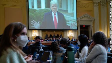 WASHINGTON, DC - July 21 : President Trump is seen on the screen giving a taped statement on January 6, as the House select committee investigating the Jan. 6 attack on the U.S. Capitol holds a primetime hearing on Capitol Hill on Thursday, July 21, 2022 in Washington, DC. (Photo by Jabin Botsford/The Washington Post via Getty Images)