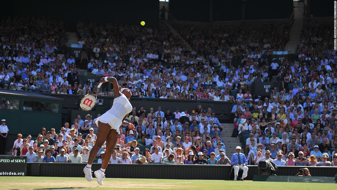 Serena plays at Wimbledon in 2008.