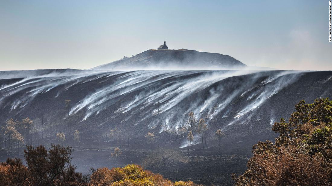 Burned areas are seen on Mont Saint-Michel de Brasparts in Saint-Rivoal, France, on July 22.