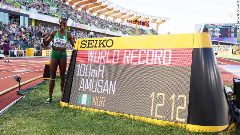 Amusan of poses with her world record in the Women&#39;s 100m hurdles semi-final on day ten of the World Athletics Championships.
