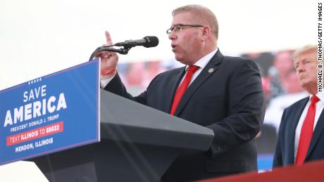 Illinois Gubernatorial hopeful Darren Bailey delivers remarks after receiving an endorsement from Donald Trump during a Save America Rally on June 25, 2022 in Mendon, Illinois. 
