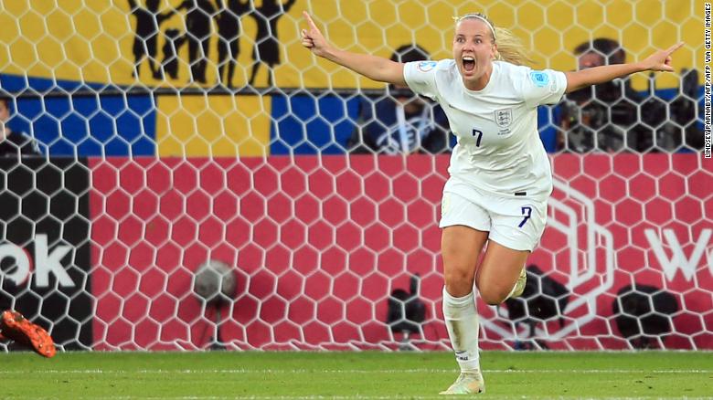 England striker Beth Mead celebrates after scoring her team&#39;s first goal against Sweden.