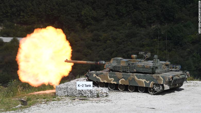 A South Korean K2 tank takes part in a live-fire demonstration in 2018.