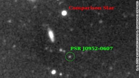 Astronomers observe a faint star (green circle) that has been stripped of nearly all of its mass by an invisible neutron star.  A stripped star is much fainter and smaller compared to a regular star (top).
