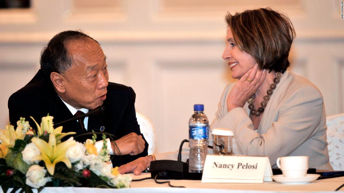 Pelosi chats with Li Zhaoxing, former Chinese foreign minister, at a clean energy forum in Beijing in May 2009. In a speech, Pelosi called for closer cooperation in fighting global warming.