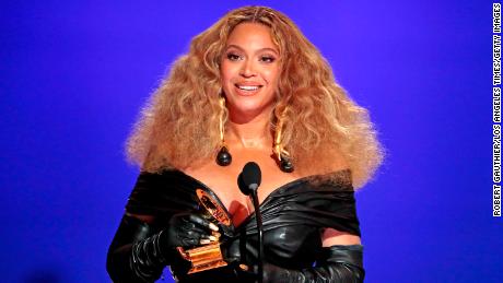 Beyoncé accepts the best R&amp;B performance award during the 63rd Annual Grammy Awards outside Staples Center on March 14, 2021, in California.