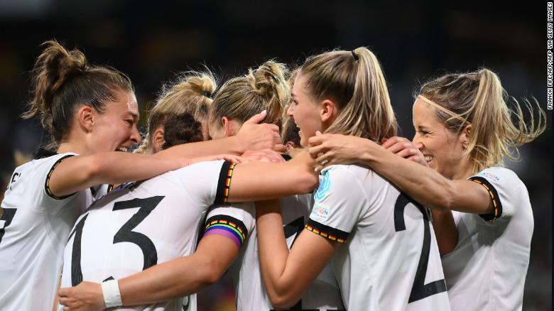 Germany&#39;s players celebrate Popp&#39;s opening goal of the match. 