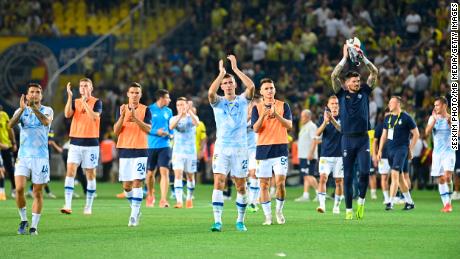 Dynamo Kyiv players celebrate after beating Fenerbahce on July 27, 2022.