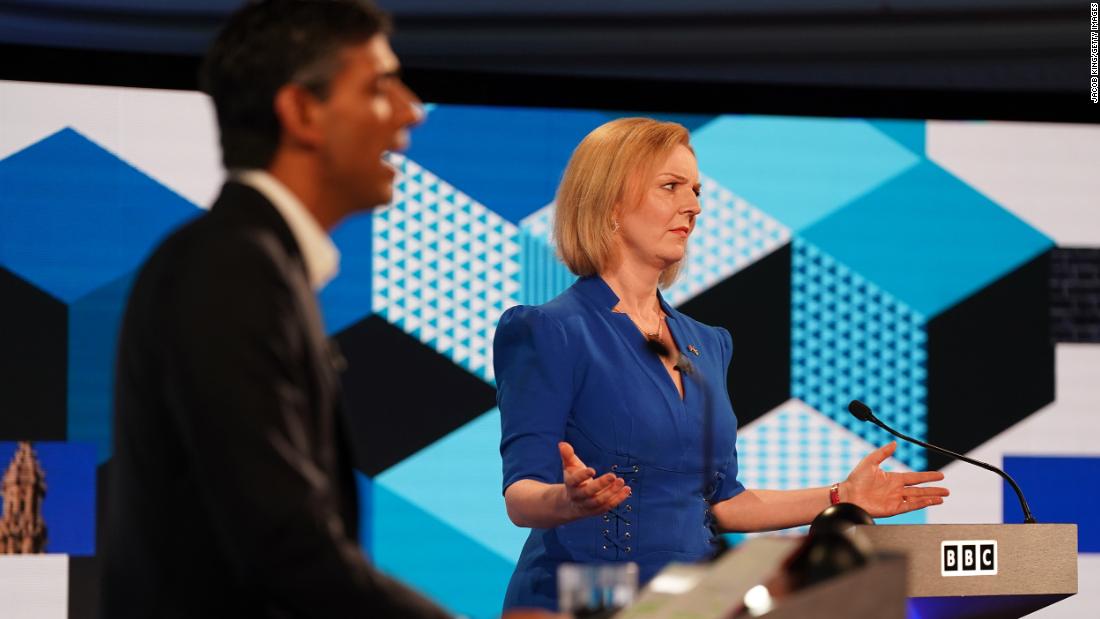  Rishi Sunak and Liz Truss take part in the BBC Leadership debate at Victoria Hall on July 25, 2022 in Hanley, England. 