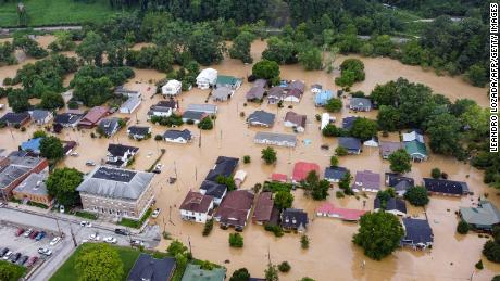 Homes submerged in flood water from the North Fork of the Kentucky River in Jackson, Kentucky.