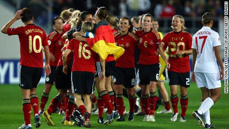 Germany&#39;s players celebrate after beating England in the final of the Women&#39;s Euro 2009.