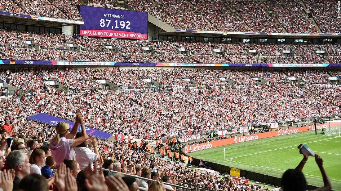 A screen shows the attendance of the Women&#39;s Euro 2022 final match: a record crowd of 87,192 for a European Championship final -- men&#39;s or women&#39;s. 