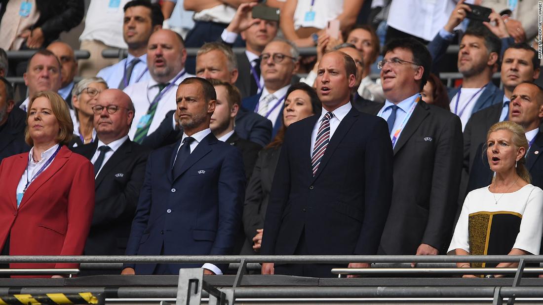 UEFA President Aleksander Ceferin and Prince William, Duke of Cambridge, stand during the national anthems prior to kick off of the final match.