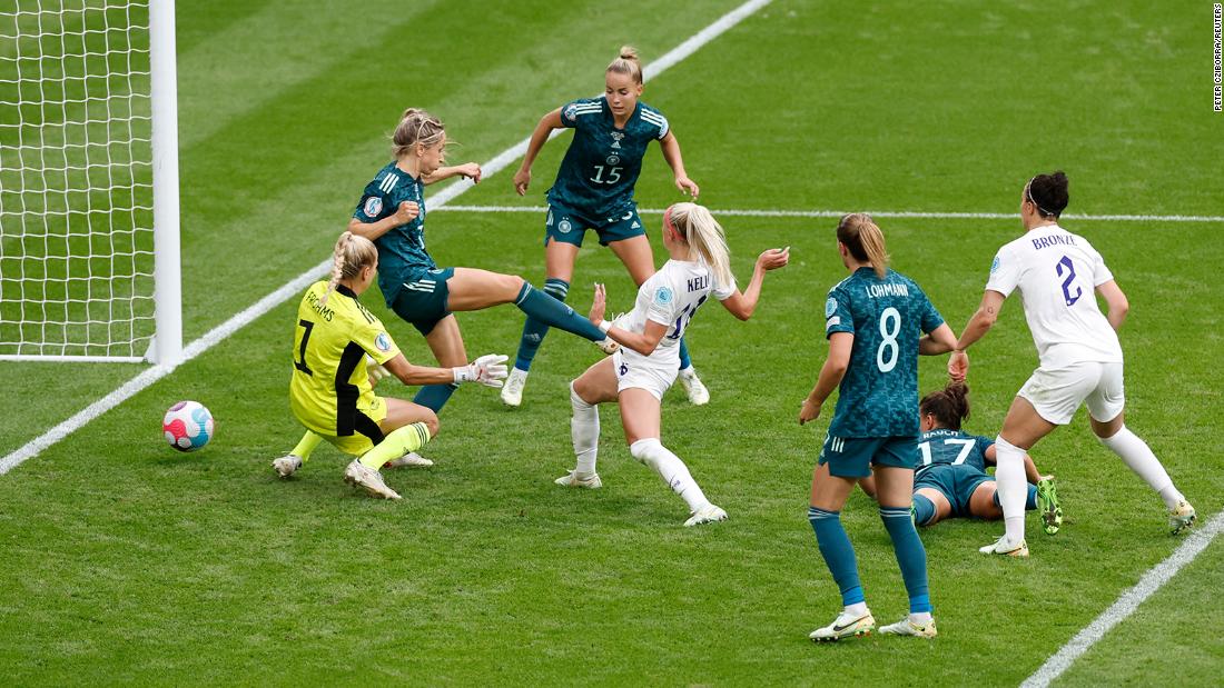 England&#39;s Chloe Kelly scores England&#39;s Euro-winning goal in the final against Germany.