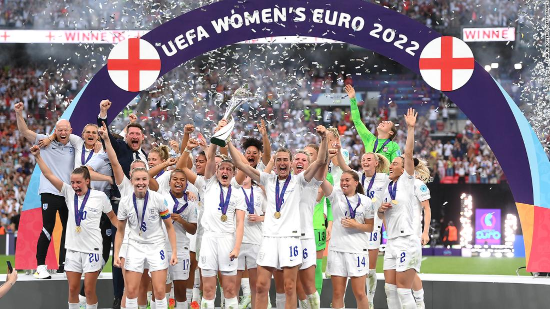 England celebrates their victory during the UEFA Women&#39;s Euro 2022 final match between England and Germany at Wembley Stadium on Sunday, July 31.