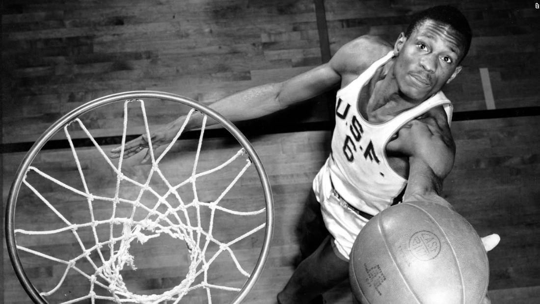 Russell shoots hoops in February 1956.