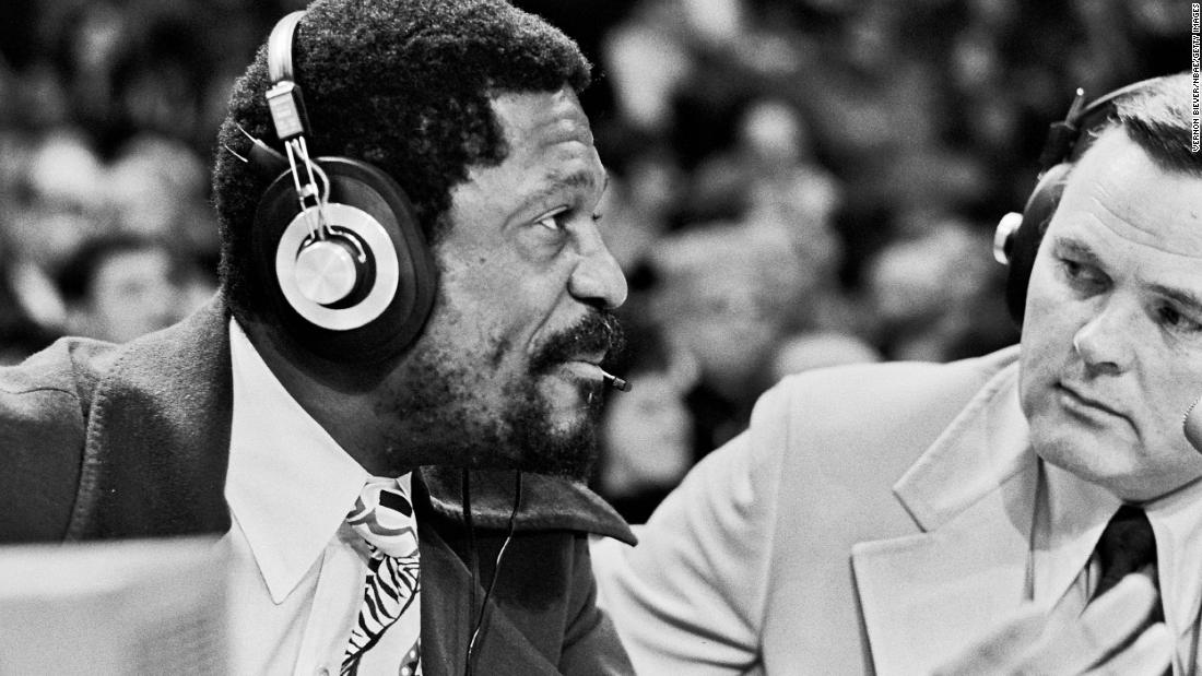 Russell and Keith Jackson call an NBA game in Milwaukee, Wisconsin, in 1972. Russell briefly Served as a commentator for televised basketball games in between his coaching jobs.