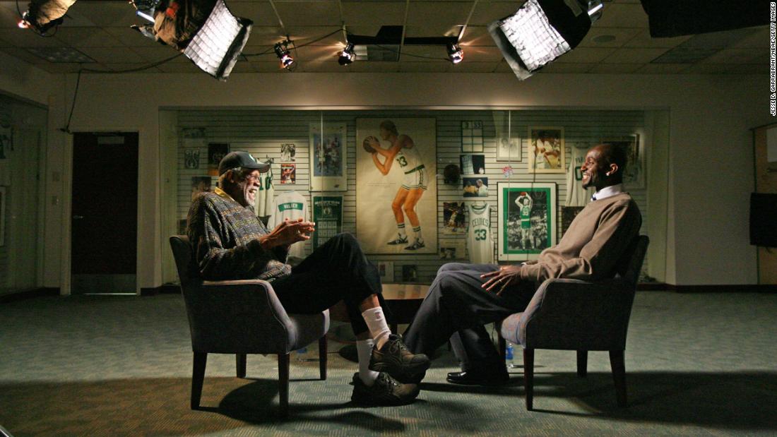 Russell &lt;a href=&quot;https://www.youtube.com/watch?v=lTTUavCTXKk&quot; target=&quot;_blank&quot;&gt;speaks with Boston&#39;s Kevin Garnett&lt;/a&gt; in Waltham, Massachusetts, in 2008. 