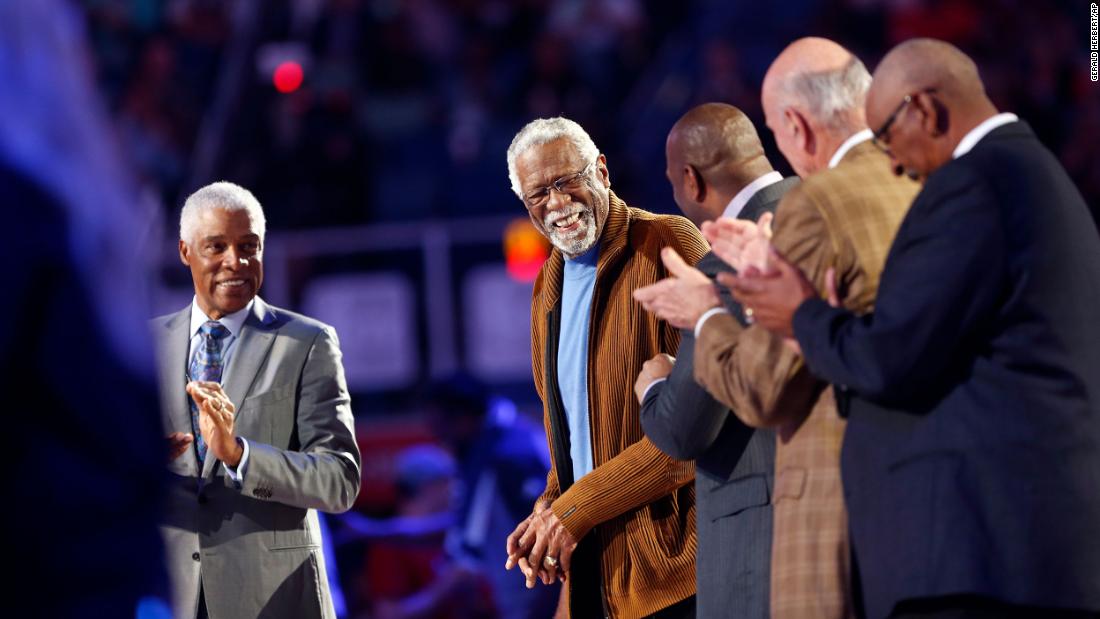 Russell smiles as he is introduced before the NBA All-Star game in New Orleans, Louisiana, in 2017.