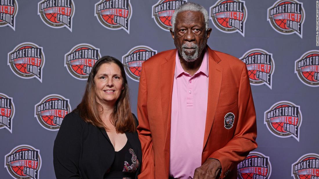 Russell poses for a photo with his fourth wife, Jeannine, at an awards gala in Uncasville, Connecticut, a day before the 2021 Naismith Memorial Basketball Hall of Fame enshrinement ceremony. Russell, who was inducted into the Hall of Fame as a player in 1975, was inducted as coach in September 2021.