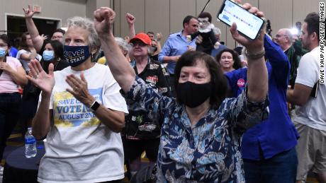 Pro-choise supporters cheer as the proposed Kansas Constitutional amendment fails as they watch the call from the networks during the pro-choice Kansas for Constitutional Freedom primary election watch party in Overland Park, Kansas August 2, 2022. - Voters in the traditionally conservative state of Kansas voted Tuesday to maintain the right to abortion, in the first election on the flashpoint issue since the Supreme Court overturned Roe v. Wade in June, US media reported. 
In a significant win for the pro-access side of the US abortion debate, Kansans rejected an amendment that would have scrapped language in the state constitution guaranteeing the right to the procedure and could have paved the way for stricter regulations or a ban. (Photo by DAVE KAUP / AFP) (Photo by DAVE KAUP/AFP via Getty Images)