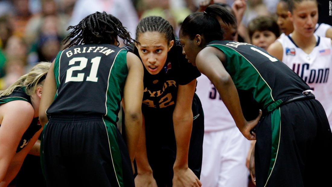 Griner huddles with teammates in a semifinal game against Connecticut in the Final Four of the NCAA women&#39;s college basketball tournament in April 2010 in San Antonio. 