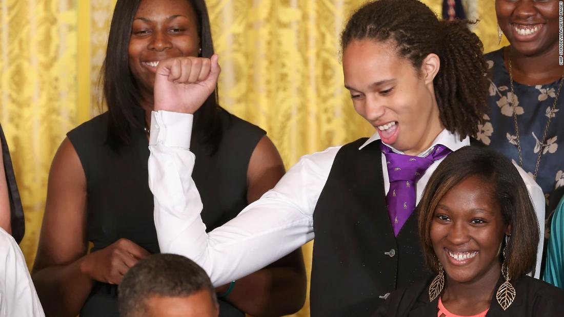 Griner pumps her fist as President Barack Obama talks about her basketball skills in the East Room of the White House in July 2012.