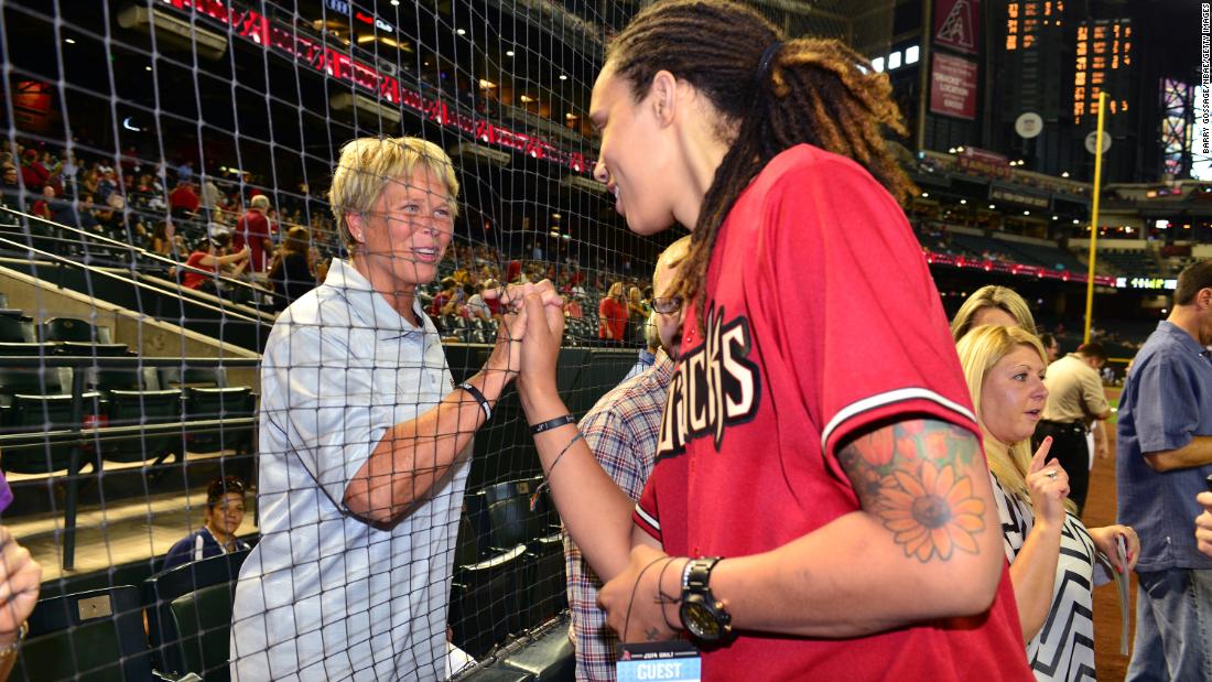 Griner talks with a fan at at Chase Field in Phoenix in May 2014. She threw the ceremonial first pitch for the Arizona Diamondbacks.