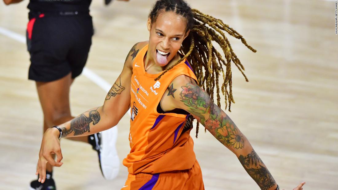 Griner reacts after a 3-point basket during game against the Atlanta Dream in August 2020.