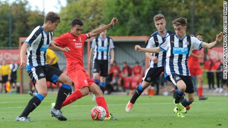 Alexander-Arnold shoots on target during Liverpool's Under-18 match against Newcastle United in the Premier League on September 26, 2015. 