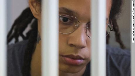 U.S. basketball player Brittney Griner, who was detained at Moscow&#39;s Sheremetyevo airport and later charged with illegal possession of cannabis, sits inside a defendants&#39; cage before the court&#39;s verdict in Khimki outside Moscow, Russia August 4, 2022. REUTERS/Evgenia Novozhenina/Pool
