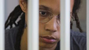 U.S. basketball player Brittney Griner, who was detained at Moscow&#39;s Sheremetyevo airport and later charged with illegal possession of cannabis, sits inside a defendants&#39; cage before the court&#39;s verdict in Khimki outside Moscow, Russia August 4, 2022. REUTERS/Evgenia Novozhenina/Pool 