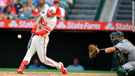 Mickey Moniak hits a home run in the ninth inning against the Athletics.