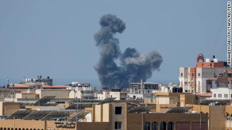 Smoke rises during an Israeli air strike, amid Israel-Gaza fighting, in Gaza City August 6, 2022.