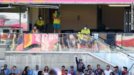 Tahlia McGrath looks on whilst wearing a face mask during the Cricket T20 - Gold Medal match between Australia and India at Edgbaston on August 7, in Birmingham, England.