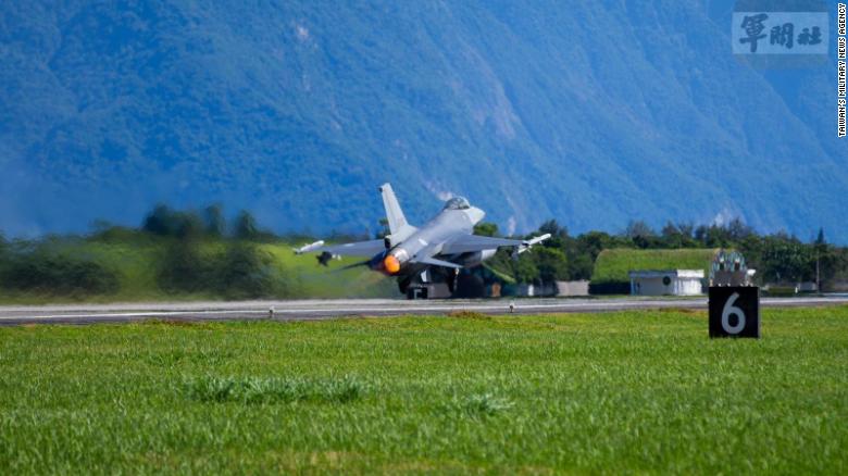 A military plane takes off from a Taiwanese airbase in Hualien for an air patrol operation on August 7. 