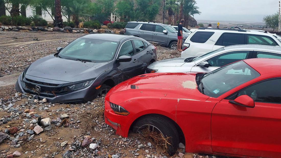 Cars stuck in the mud and debris following the flash flooding over the weekend in Death Valley.