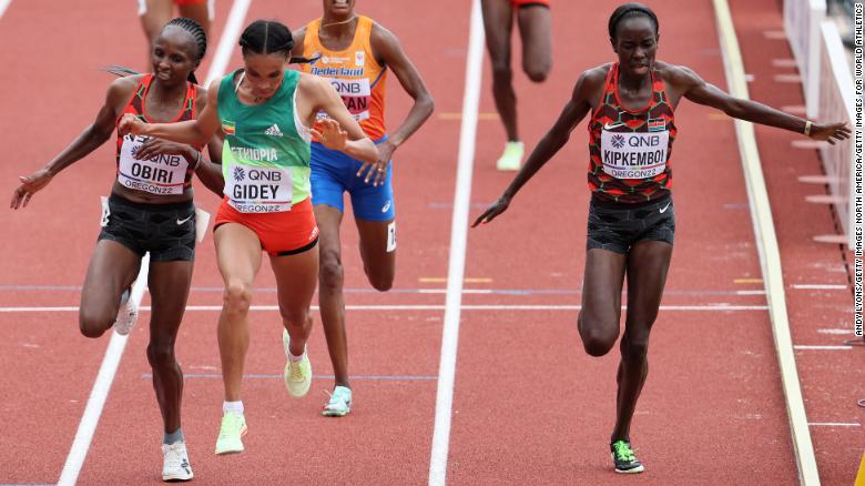 Obiri is narrowly beaten by Ethiopia's Letesenbet Gidey in the 10,000m at this year's World Athletics Championships. 