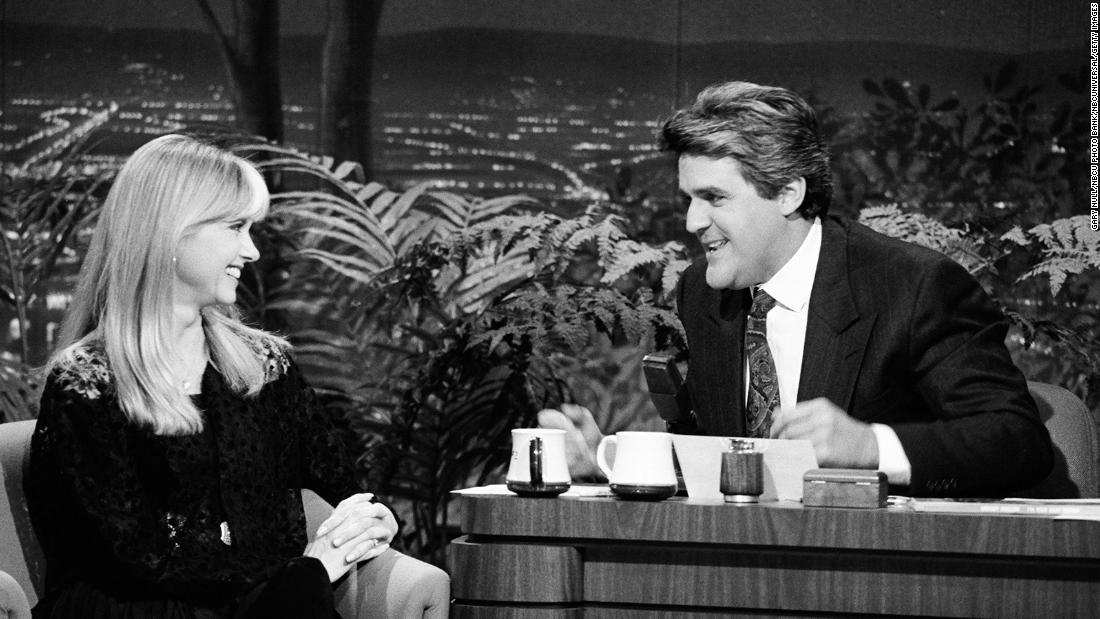 Newton-John is interviewed by Jay Leno on &quot;The Tonight Show&quot; in 1990.