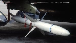 A view of an AGM-88 HARM high-speed anti-radiation missile mcounted beneath the wing of a 37th Tactical Fighter Wing F-4G Phantom II &quot;Wild Weasel&quot; aircraft.