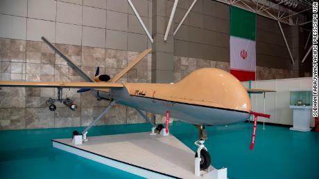 Iran's Shahed-129 drone is displayed at the IRGC Aerospace Fair in west Tehran on June 28, 2021.  Iran began demonstrating the Shahed-129 and Shahed-191 prototypes to Russia in June, US officials told CNN.