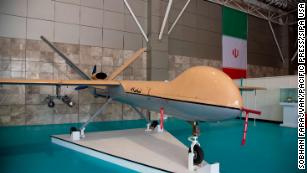 An Iranian Shahed-129 drone on display at IRGC aerospace fair in western Tehran on June 28, 2021. The Shahed-129 and Shahed-191 are reportedly the models Iran began showcasing to Russia in June, US officials told CNN.