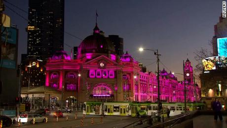 Flinders Street railway station in pink.