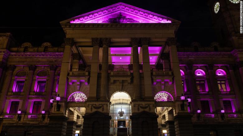 Melbourne Town Hall turned pink on August 9.