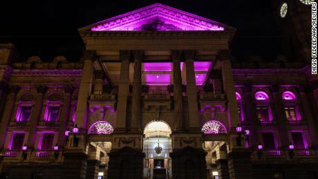 Melbourne Town Hall turns pink on 9 August.