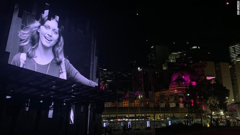 Olivia Newton-John&#39;s image as seen on Fed Square, Melbourne.