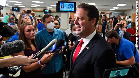 Dan Cox, a candidate for the Maryland Republican gubernatorial nomination, speaks to reporters at his campaign party on primary night, Tuesday, July 19, 2022, in Emmitsburg, Md.