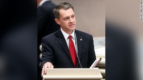 Rep. Wes Allen speaks during debate on transgender bills during the legislative session in the house chamber at the Alabama Statehouse in Montgomery, Ala., on Thursday April 7, 2022.