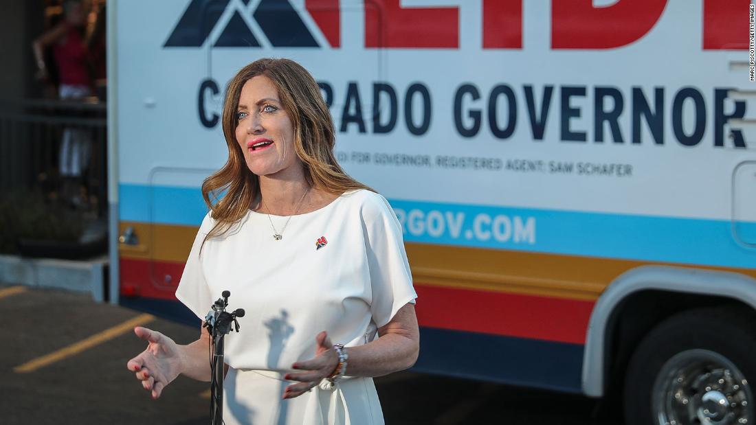 Colorado Republican gubernatorial candidate Heidi Ganahl addresses the media after a watch party at the Wide Open Saloon on June 28, 2022 in Sedalia, Colorado.